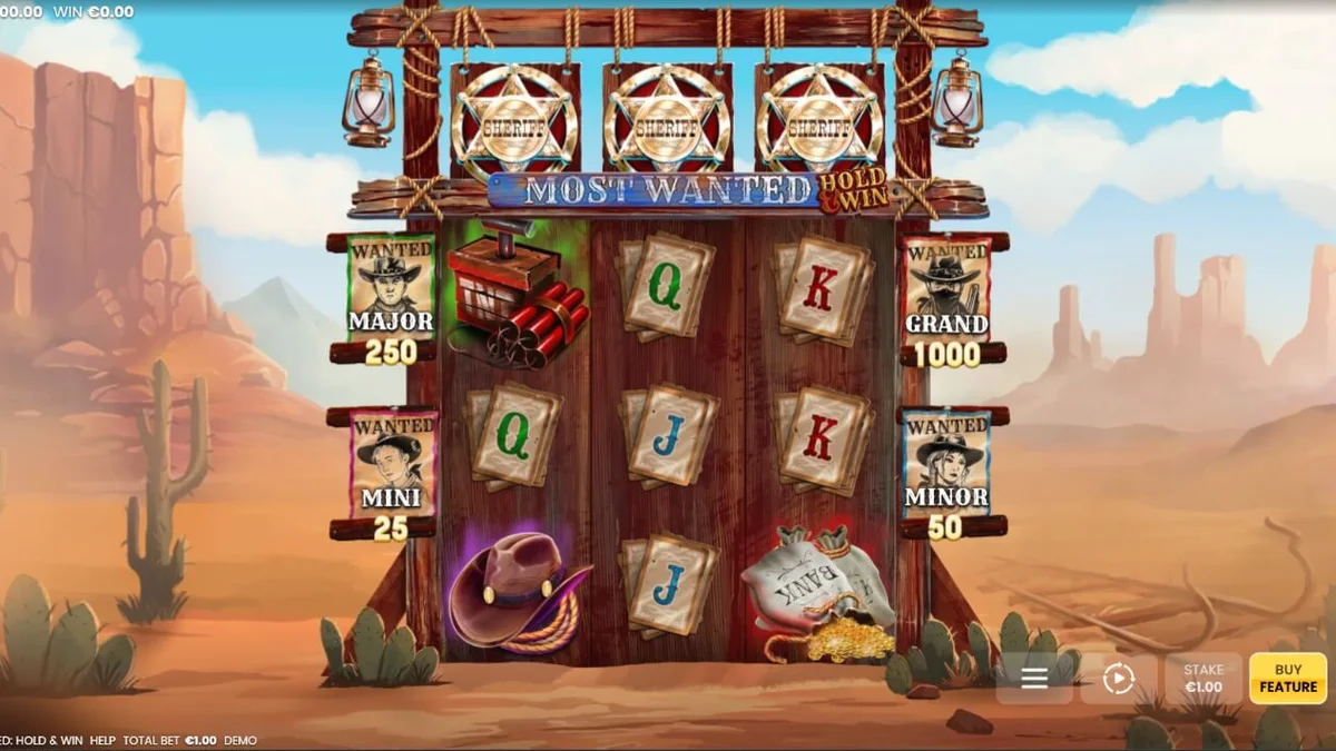 Most Wanted: Hold & Win slot game interface with Wild West theme