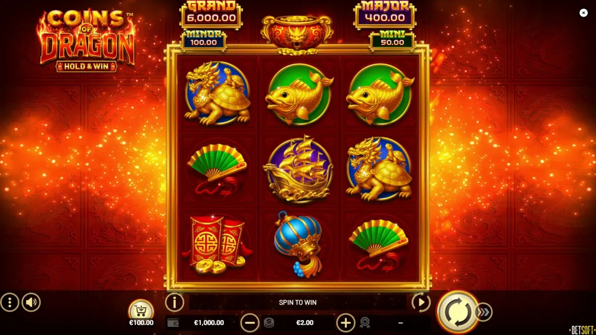 Tampilan visual slot Coins of Dragon – Hold & Win dengan tema naga emas dan koin keberuntungan.