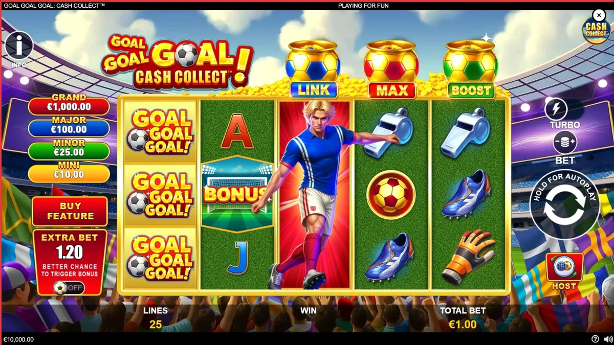 Tampilan visual slot Goal Goal Goal: Cash Collect dengan tema stadion sepak bola