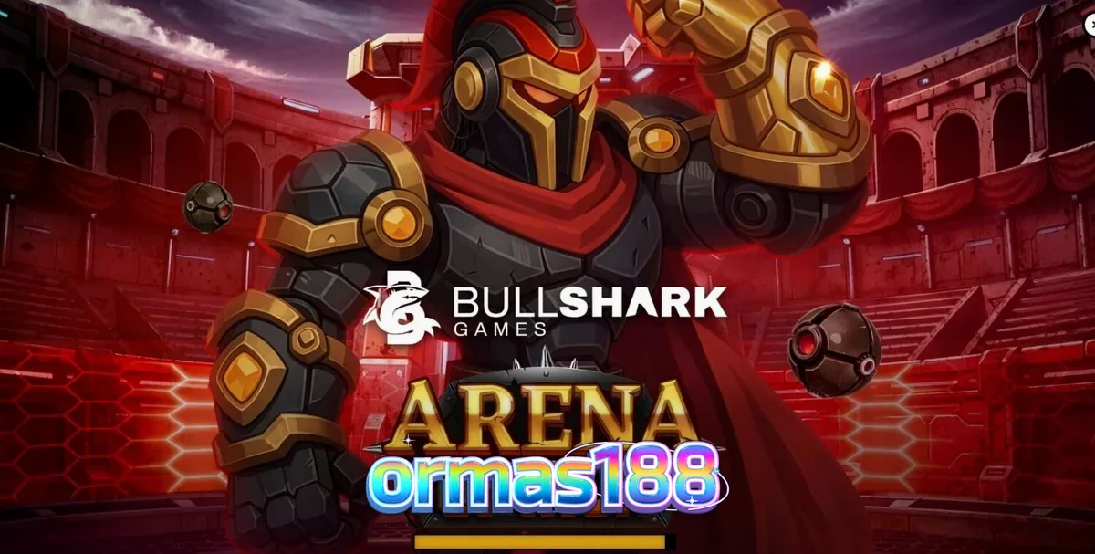 Tampilan visual futuristik dan simbol mekanis pada slot Arena of Iron